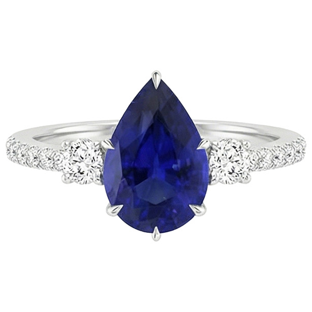 Anello Anniversario Diamante Pera Zaffiro Blu 3 Pietra Stile 5.50 Carati