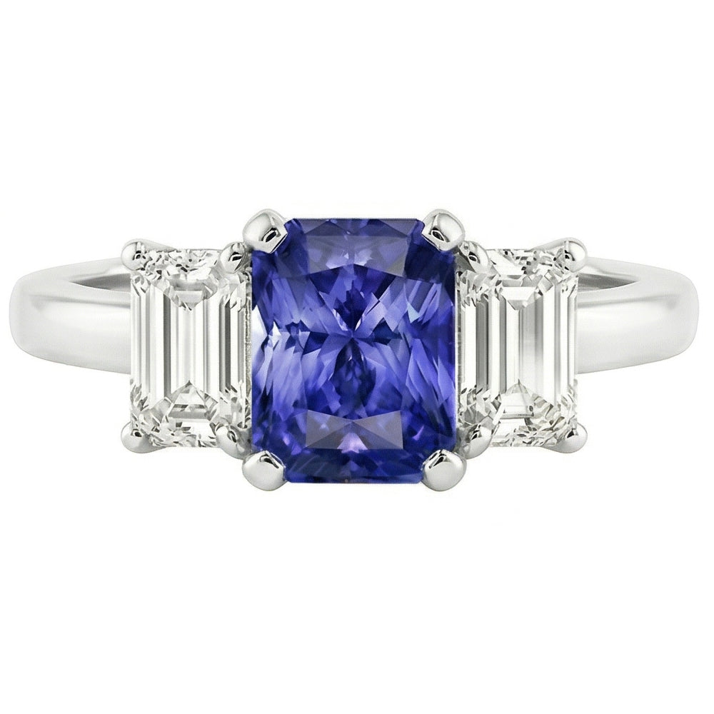 Anello Anniversario Donna Diamante Naturale Autentico ( non creato in laboratorio ) Taglio Radiante Zaffiro Ceylon 1.50 Carati Con Oro Bianco 14K