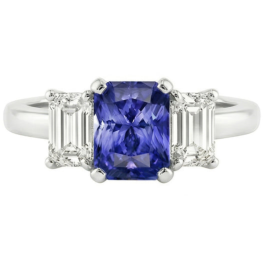 Anello Anniversario Donna Diamante Naturale Autentico ( non creato in laboratorio ) Taglio Radiante Zaffiro Ceylon 1.50 Carati Con Oro Bianco 14K