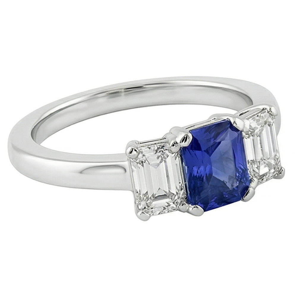 Anello Anniversario Donna Diamante Naturale Autentico ( non creato in laboratorio ) Taglio Radiante Zaffiro Ceylon 1.50 Carati Con Oro Bianco 14K