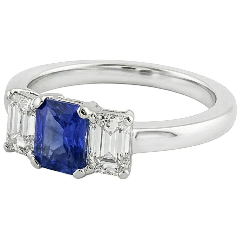 Anello Anniversario Donna Diamante Naturale Autentico ( non creato in laboratorio ) Taglio Radiante Zaffiro Ceylon 1.50 Carati Con Oro Bianco 14K