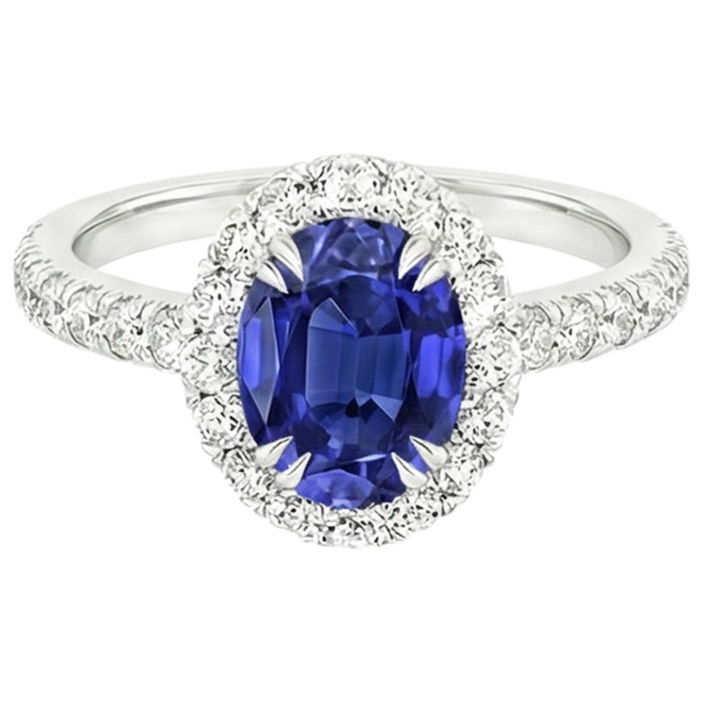 Anello Anniversario Halo Zaffiro Blu Ovale & Diamanti Naturali Autentici ( non creati in laboratorio ) 5.50 Carati