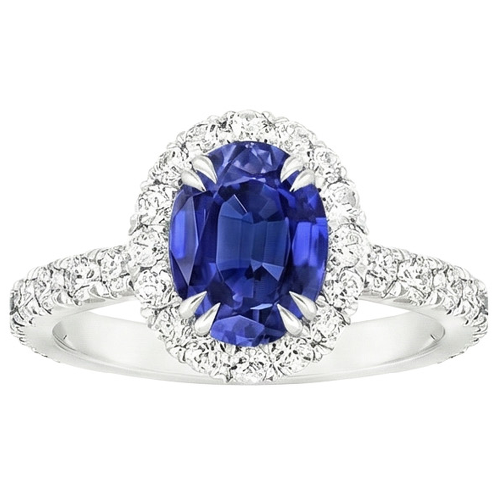 Anello Anniversario Halo Zaffiro Blu Ovale & Diamanti Naturali Autentici ( non creati in laboratorio ) 5.50 Carati
