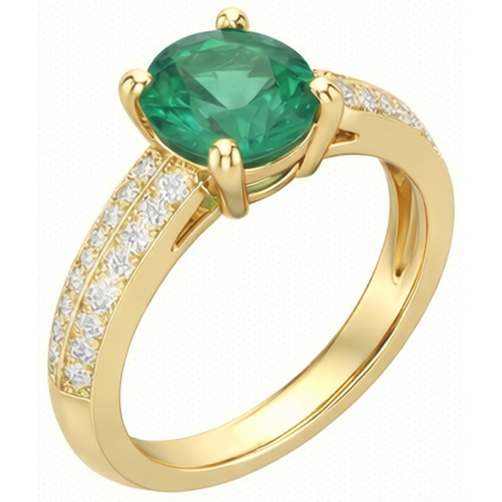 Anello Anniversario Oro Giallo Con Verde Smeraldo A Taglio Rotondo Da 2.25 Ct E Diamanti