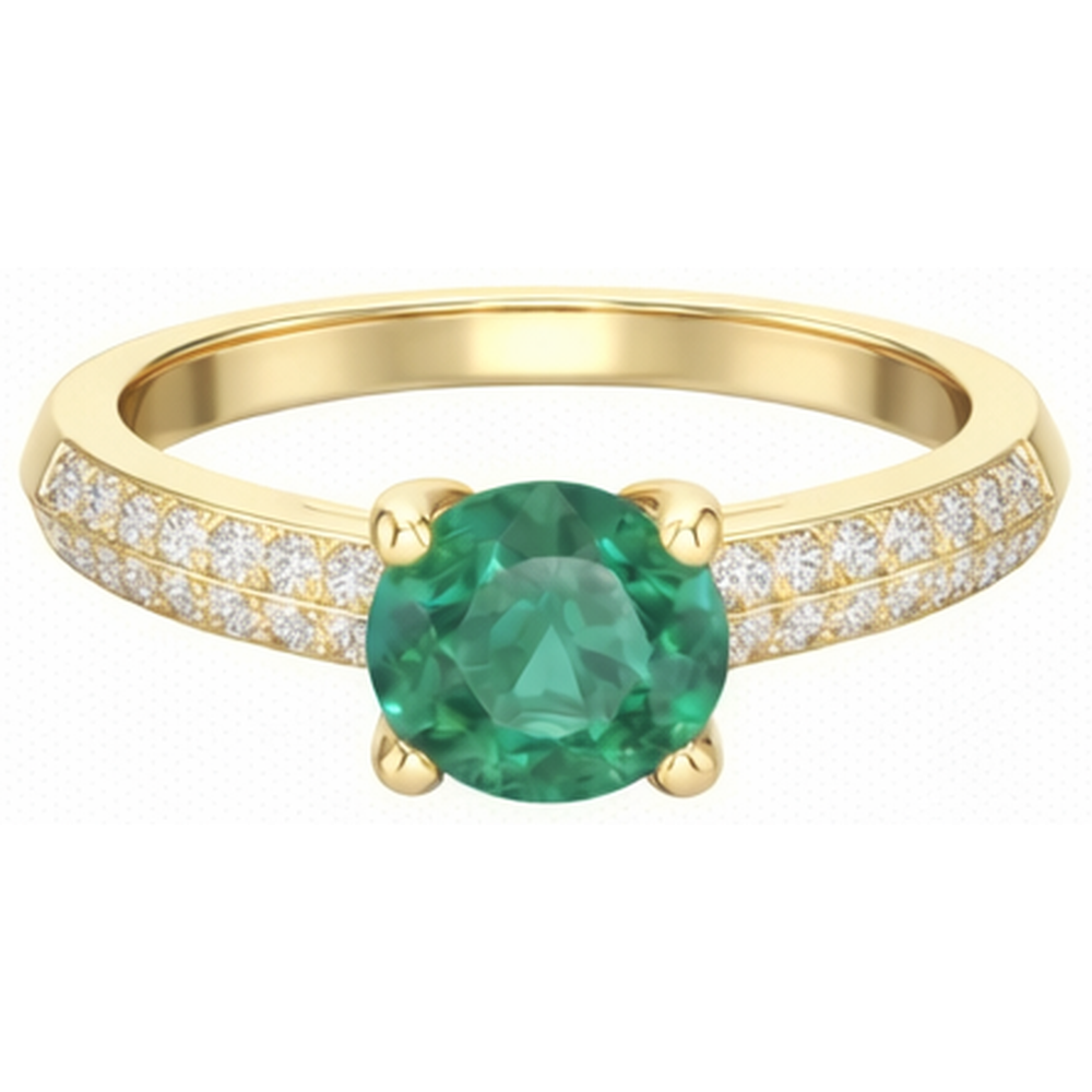 Anello Anniversario Oro Giallo Con Verde Smeraldo A Taglio Rotondo Da 2.25 Ct E Diamanti