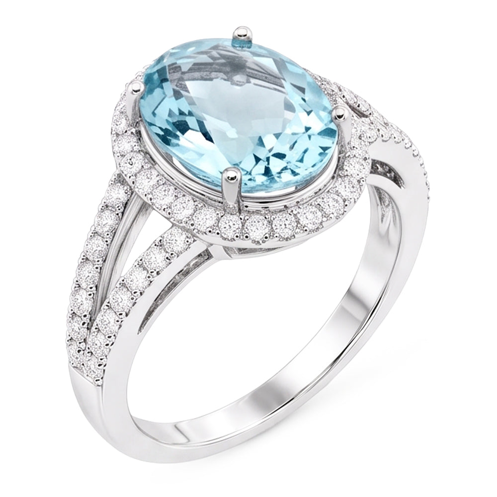 Anello Anniversario Ovale Acquamarina E Diamanti 16.35 Ct Oro Bianco