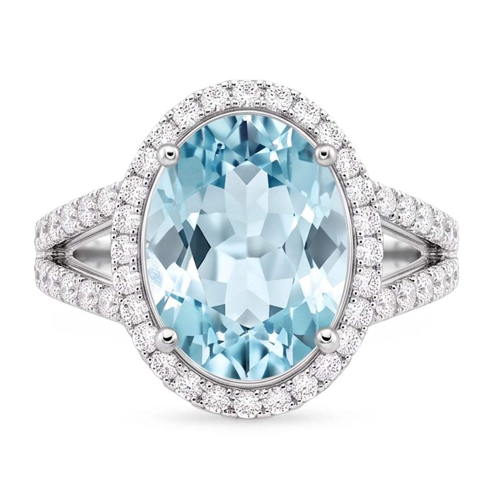 Anello Anniversario Ovale Acquamarina E Diamanti 16.35 Ct Oro Bianco