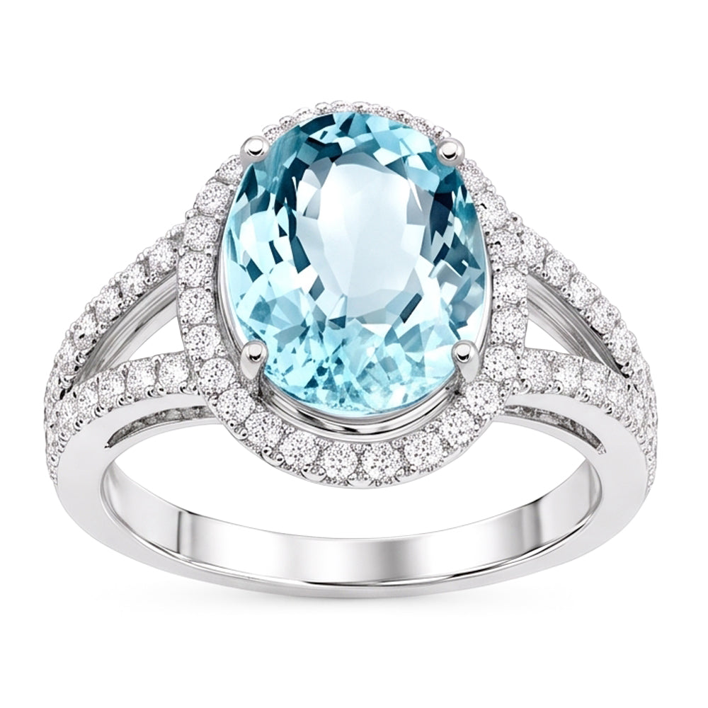 Anello Anniversario Ovale Acquamarina E Diamanti 16.35 Ct Oro Bianco