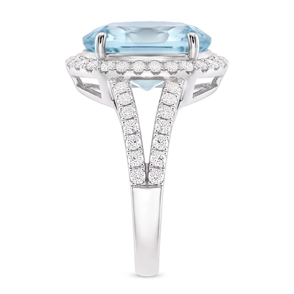Anello Anniversario Ovale Acquamarina E Diamanti 16.35 Ct Oro Bianco