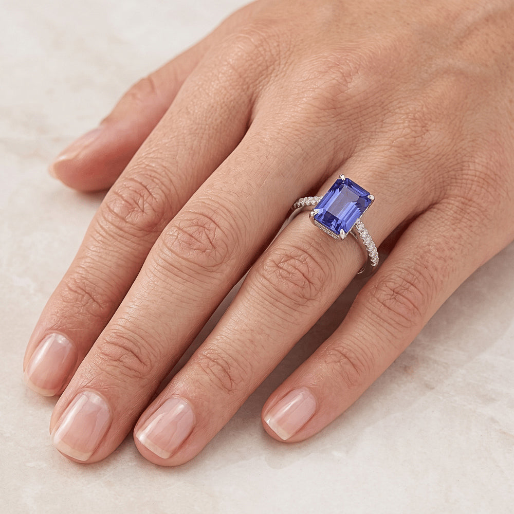 Anello Anniversario Smeraldo Zaffiro e Diamante Naturale Autentico ( non creato in laboratorio ) 4 Carati Con Gambo Conico