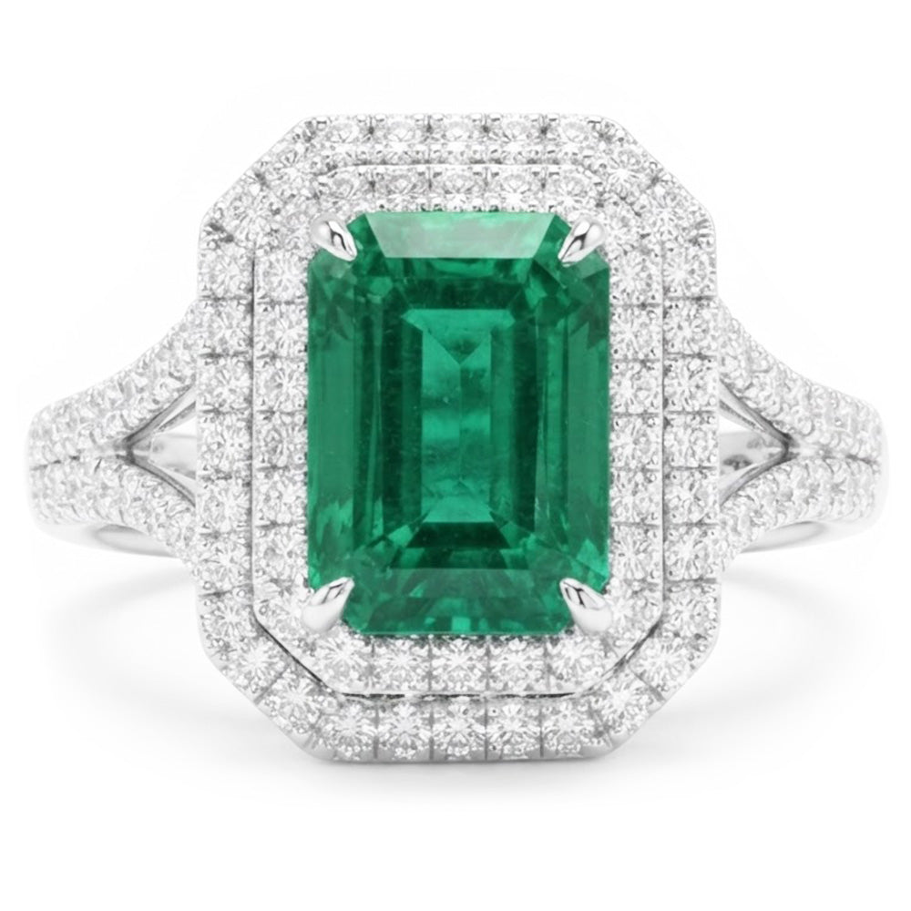 Anello Anniversario Verde Smeraldo E Diamanti Naturali Autentici ( non creati in laboratorio ) 11.75 Carati Oro Bianco 14K