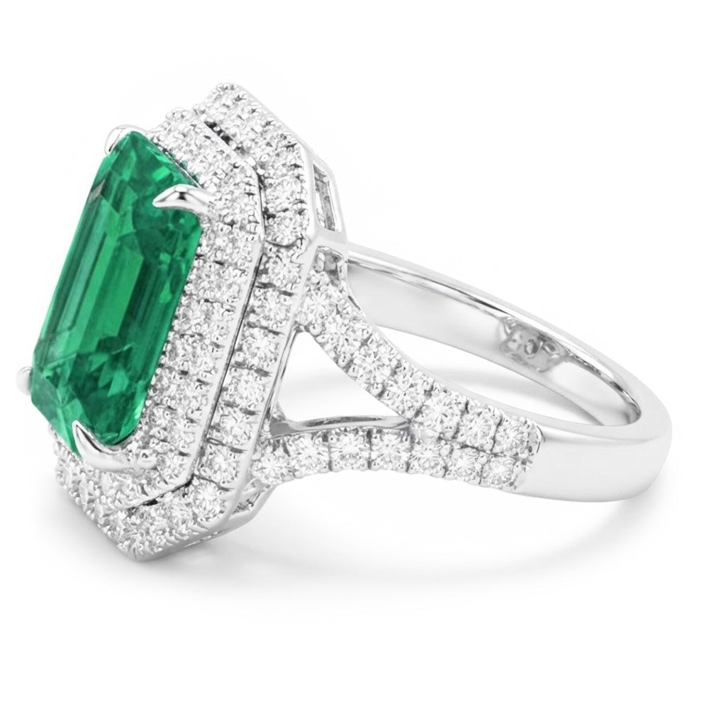 Anello Anniversario Verde Smeraldo E Diamanti Naturali Autentici ( non creati in laboratorio ) 11.75 Carati Oro Bianco 14K