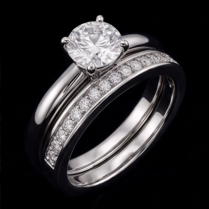 Anello Anniversario Vero Diamante Rotondo Set 3 Carati Prong Oro Bianco 14K
