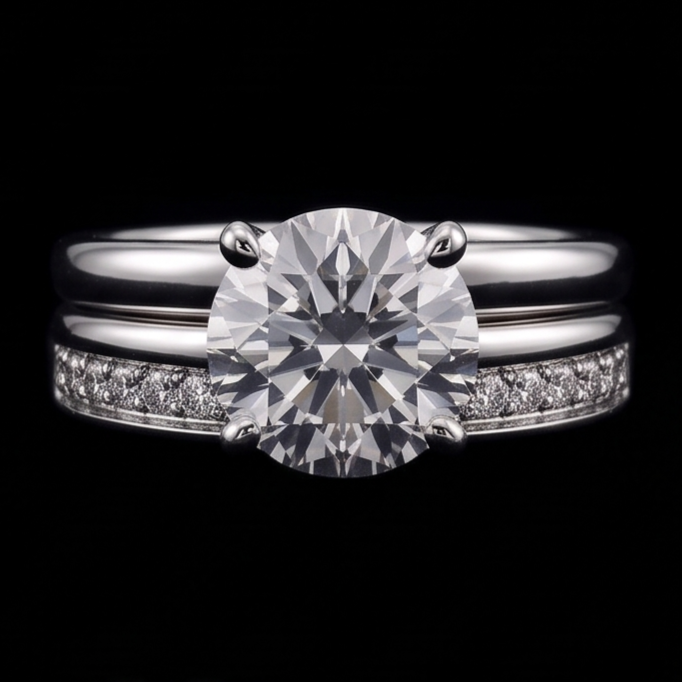 Anello Anniversario Vero Diamante Rotondo Set 3 Carati Prong Oro Bianco 14K