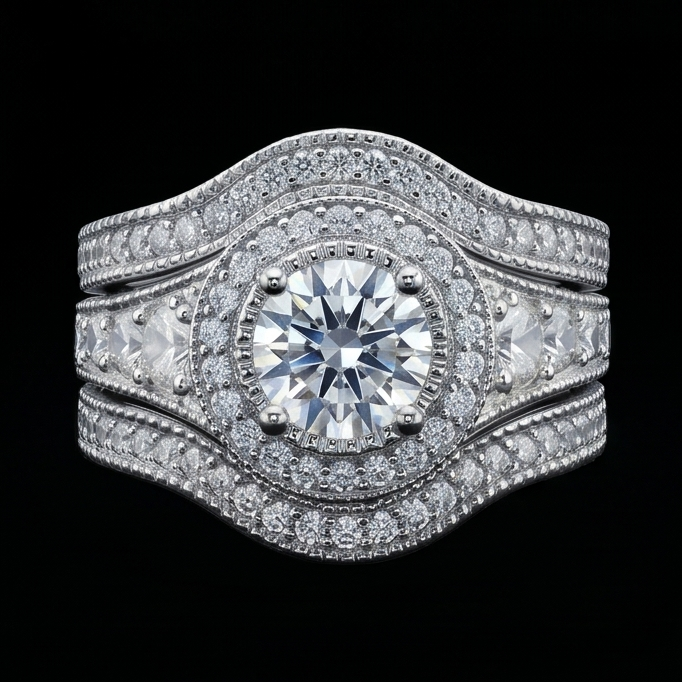Anello Anniversario Vintage Set 4 Carati Diamante Rotondo Oro Bianco 14K