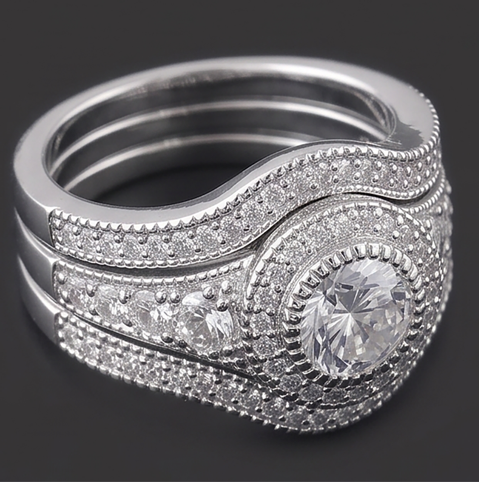 Anello Anniversario Vintage Set 4 Carati Diamante Rotondo Oro Bianco 14K