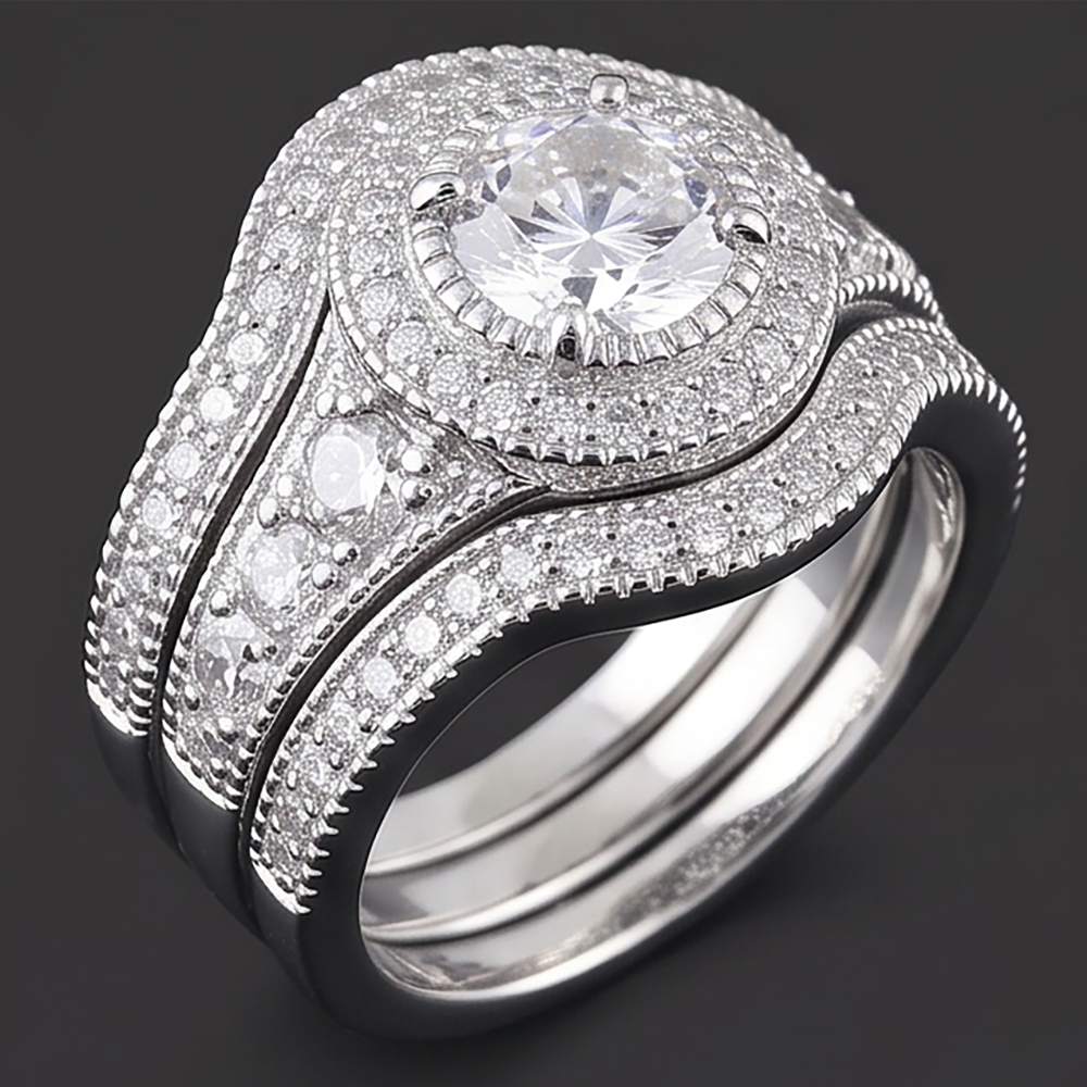 Anello Anniversario Vintage Set 4 Carati Diamante Rotondo Oro Bianco 14K