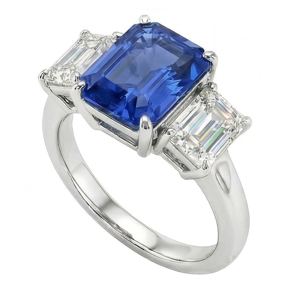 Anello Anniversario Zaffiro Diamanti Naturali Autentici ( non creati in laboratorio ) Taglio Smeraldo 3 Pietre 2.50 Carati