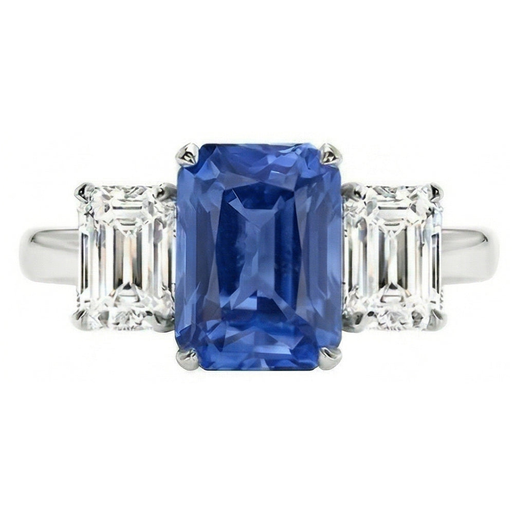 Anello Anniversario Zaffiro Diamanti Naturali Autentici ( non creati in laboratorio ) Taglio Smeraldo 3 Pietre 2.50 Carati