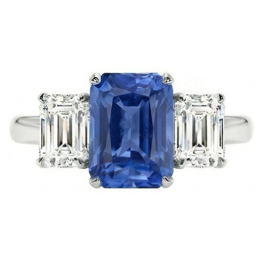 Anello Anniversario Zaffiro Diamanti Naturali Autentici ( non creati in laboratorio ) Taglio Smeraldo 3 Pietre 2.50 Carati