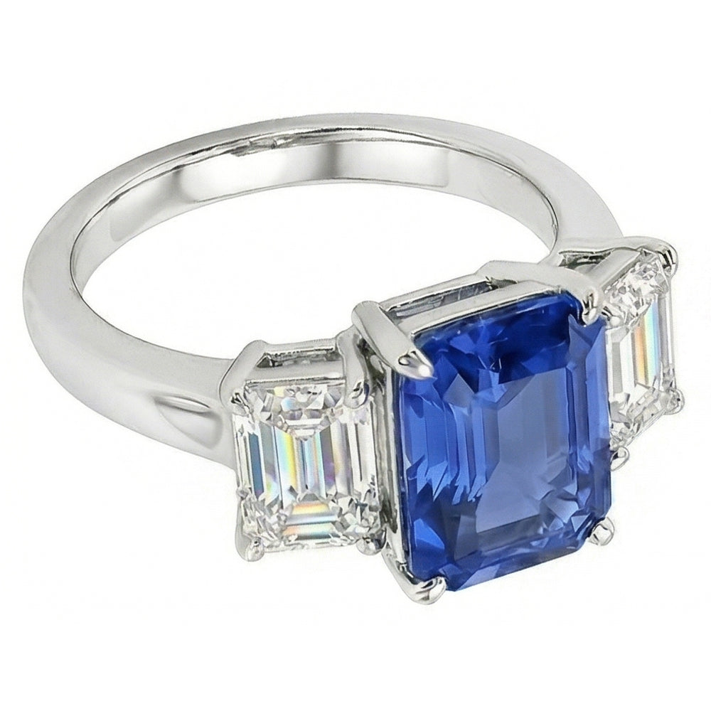 Anello Anniversario Zaffiro Diamanti Naturali Autentici ( non creati in laboratorio ) Taglio Smeraldo 3 Pietre 2.50 Carati
