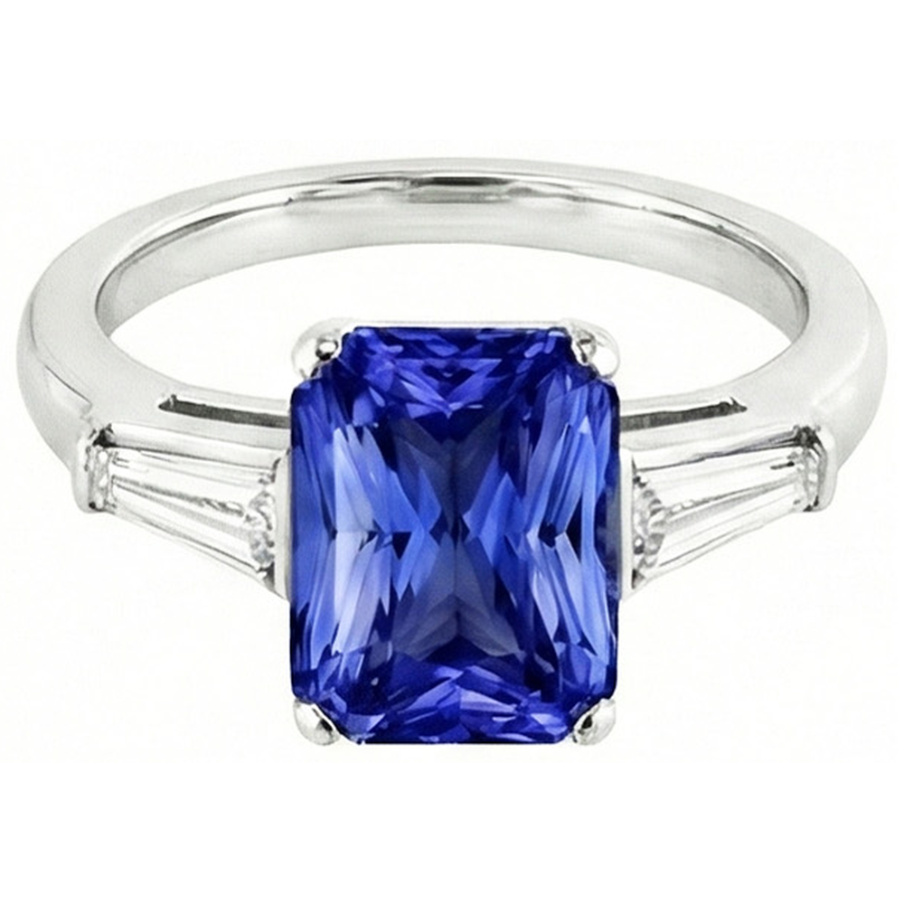 Anello Anniversario Zaffiro Taglio Radiante & Diamanti Naturali Autentici ( non creati in laboratorio ) Baguette 3.50 Carati