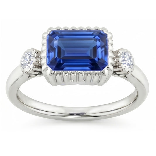 Anello Anniversario con 2,25 carati Zaffiro blu rotondo e diamante rotondo con castone 3 pietre
