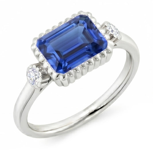 Anello Anniversario con 2,25 carati Zaffiro blu rotondo e diamante rotondo con castone 3 pietre