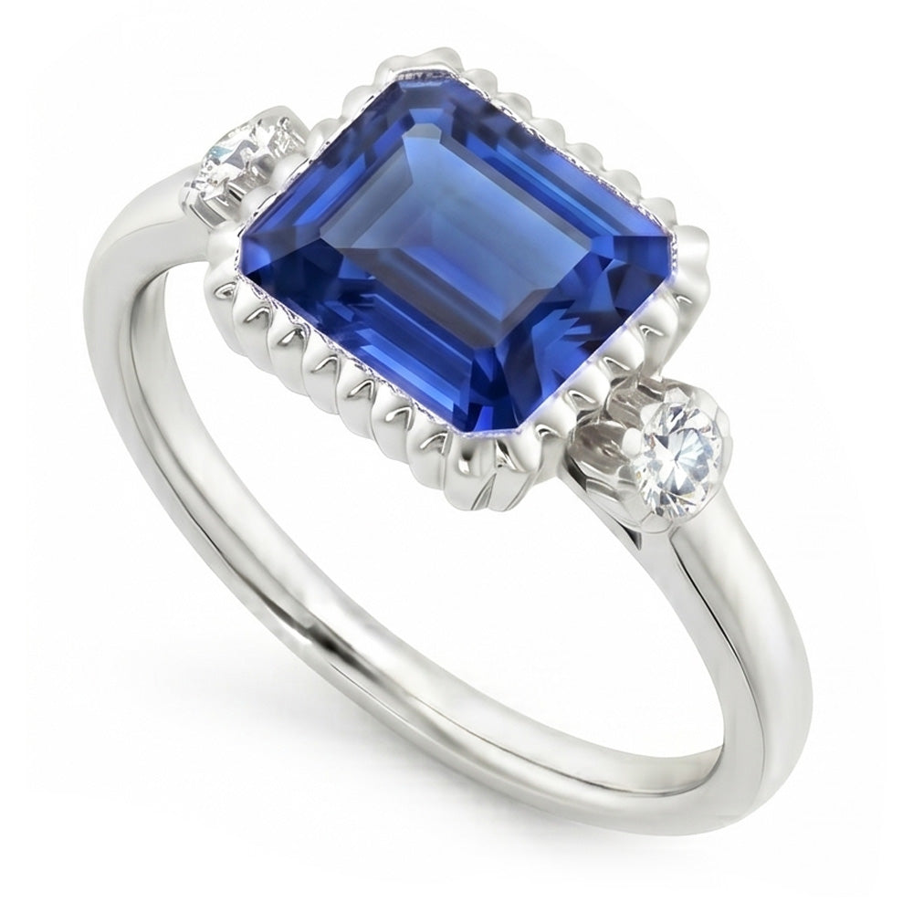 Anello Anniversario con 2,25 carati Zaffiro blu rotondo e diamante rotondo con castone 3 pietre