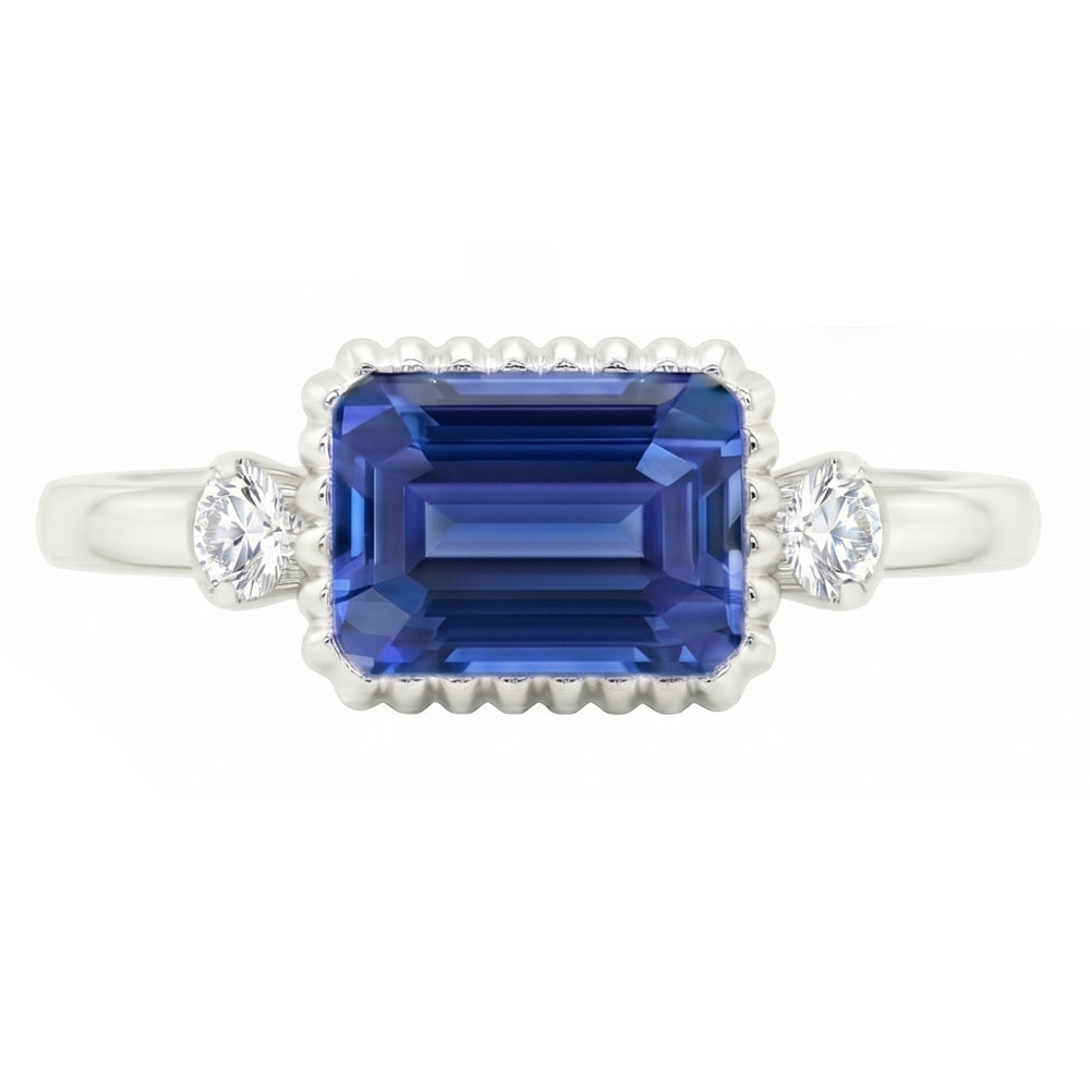 Anello Anniversario con 2,25 carati Zaffiro blu rotondo e diamante rotondo con castone 3 pietre