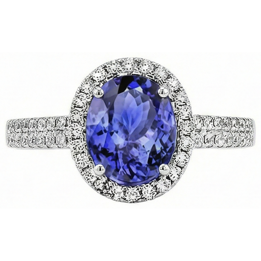 Anello Anniversario con Diamante Naturale Autentico ( non creato in laboratorio ) Tanzanite Ovale 5,60 Carati Oro Bianco 14K