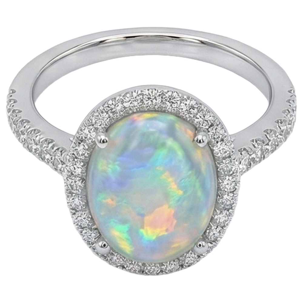 Anello Anniversario con Opale E Diamanti 11.20 Carati Oro Bianco 14K