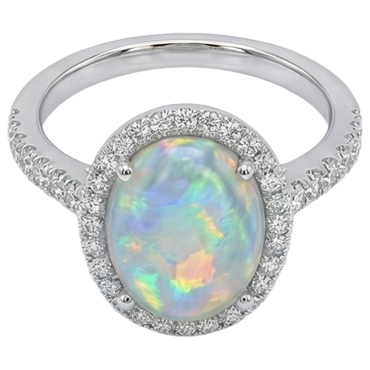 Anello Anniversario con Opale E Diamanti 11.20 Carati Oro Bianco 14K