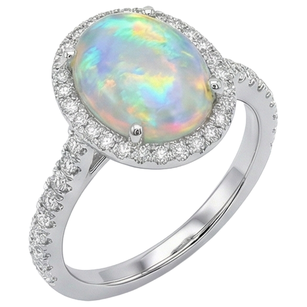 Anello Anniversario con Opale E Diamanti 11.20 Carati Oro Bianco 14K