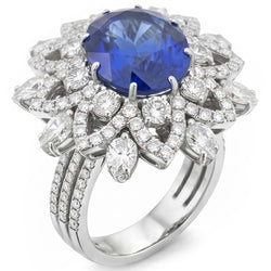 Anello Anniversario con Zaffiro Blu Diamanti 9.75 Carati Oro Bianco 14K