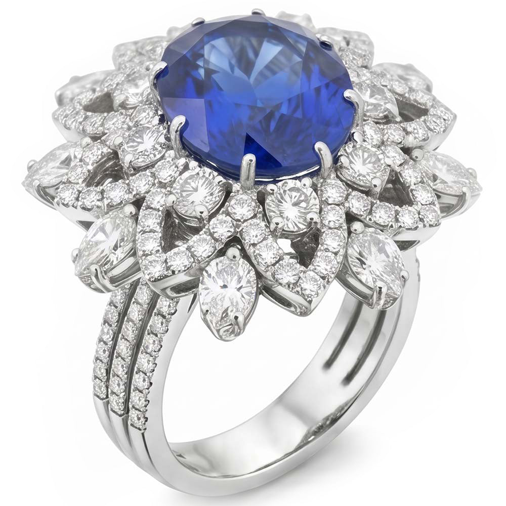 Anello Anniversario con Zaffiro Blu Diamanti 9.75 Carati Oro Bianco 14K