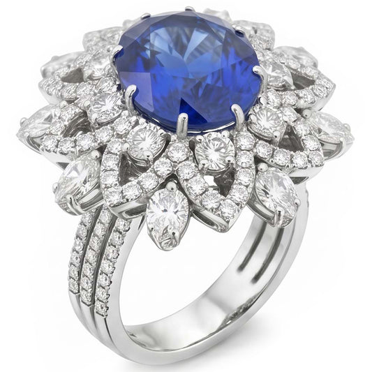 Anello Anniversario con Zaffiro Blu Diamanti 9.75 Carati Oro Bianco 14K
