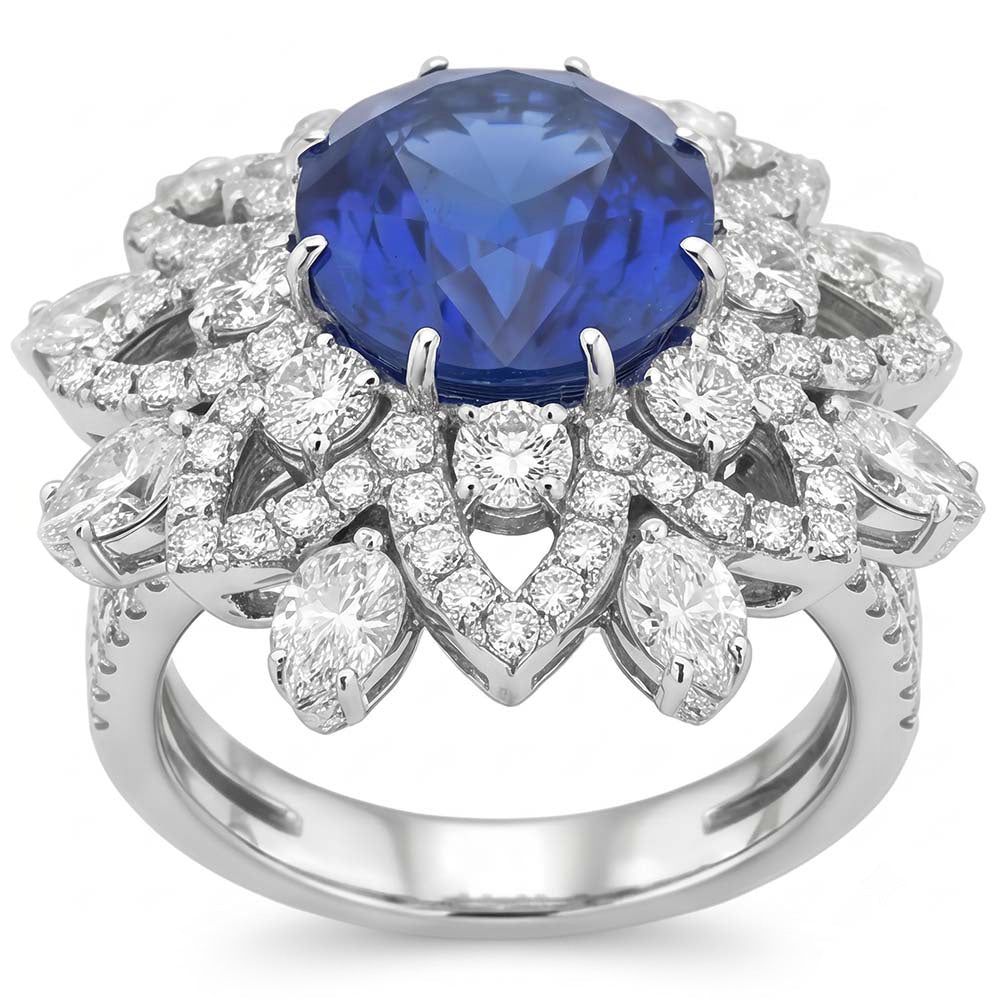 Anello Anniversario con Zaffiro Blu Diamanti 9.75 Carati Oro Bianco 14K