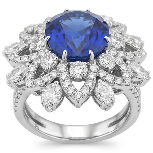 Anello Anniversario con Zaffiro Blu Diamanti 9.75 Carati Oro Bianco 14K