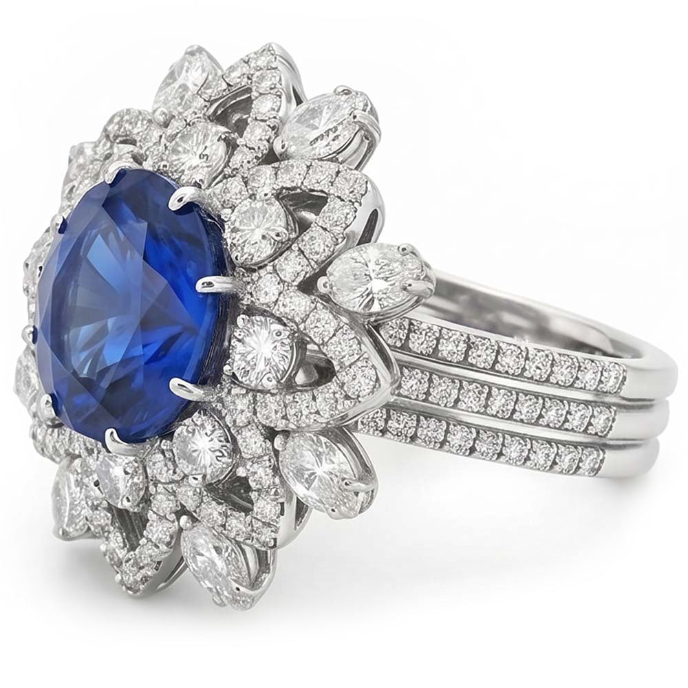 Anello Anniversario con Zaffiro Blu Diamanti 9.75 Carati Oro Bianco 14K