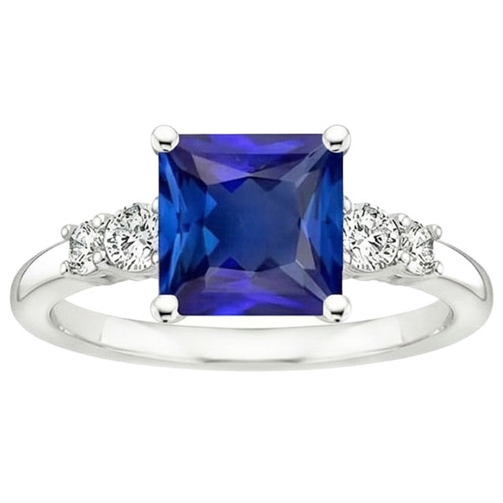 Anello Anniversario con Zaffiro Blu Taglio Princess Cinque Pietre 5.50 Carati