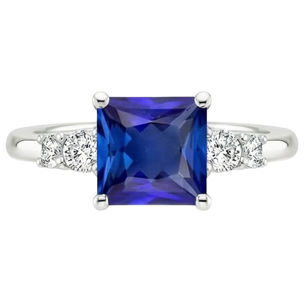 Anello Anniversario con Zaffiro Blu Taglio Princess Cinque Pietre 5.50 Carati
