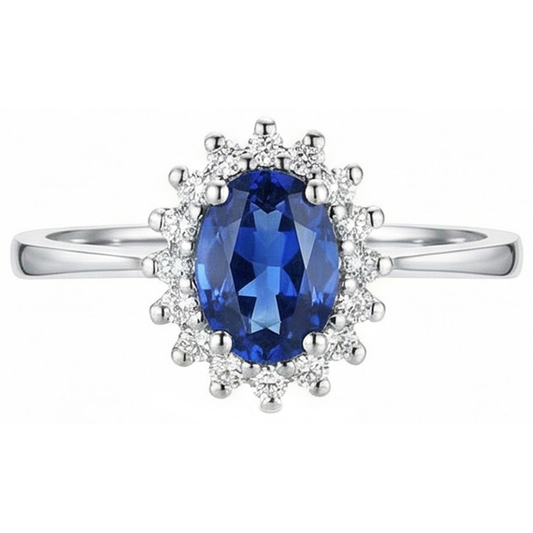 Anello Anniversario con Zaffiro Ceylon 2 Ct e Diamante Naturale Autentico ( non creato in laboratorio ) Oro bianco 14K