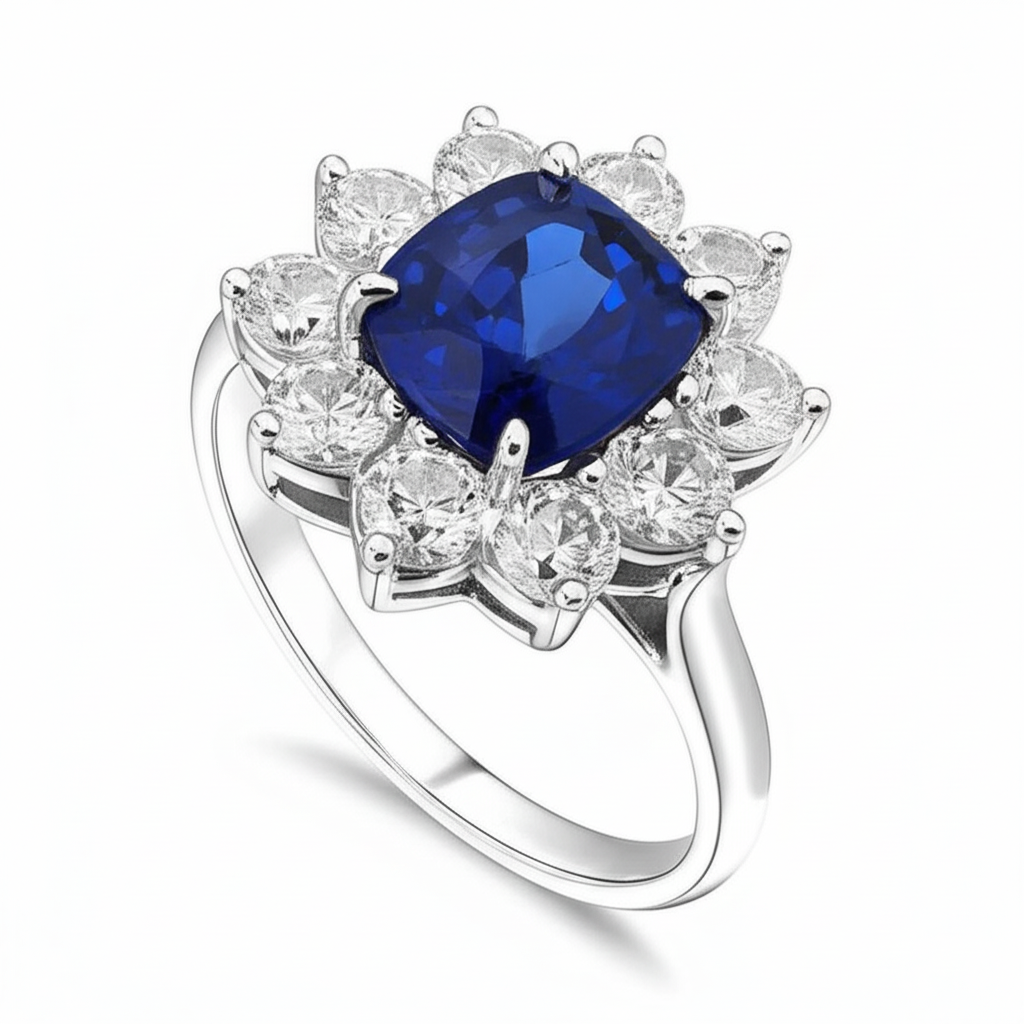 Anello Anniversario con Zaffiro Taglio Cuscino Con Diamanti 3.50 Ct Bianco