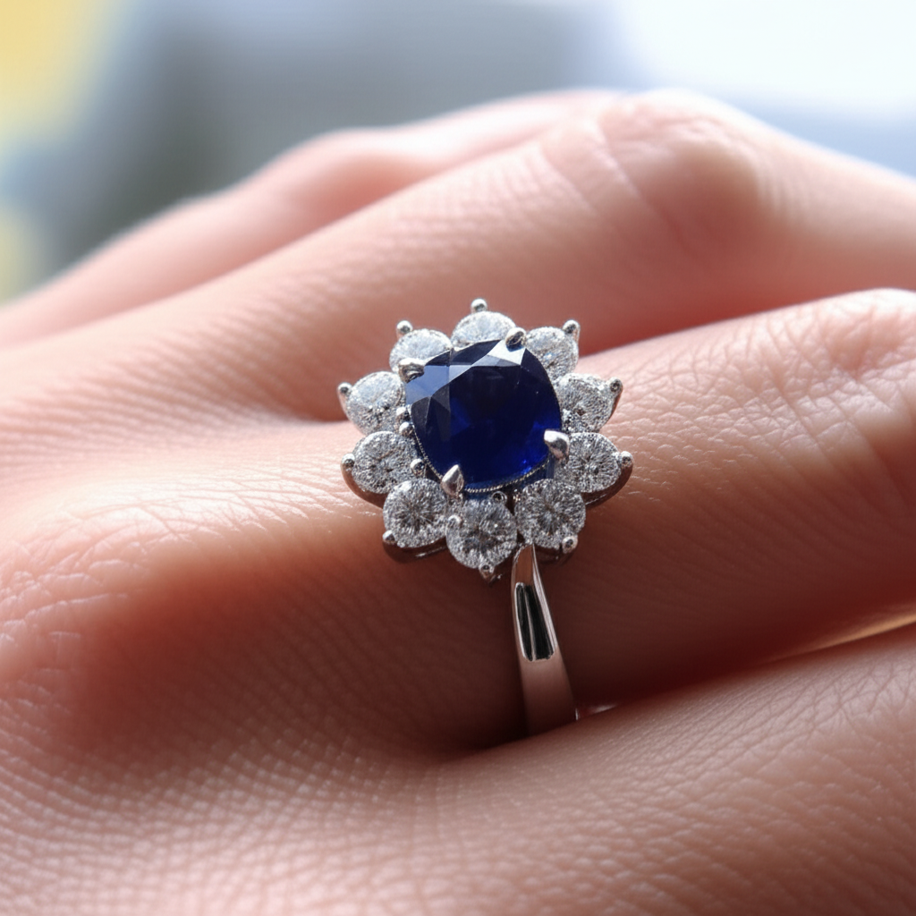 Anello Anniversario con Zaffiro Taglio Cuscino Con Diamanti 3.50 Ct Bianco