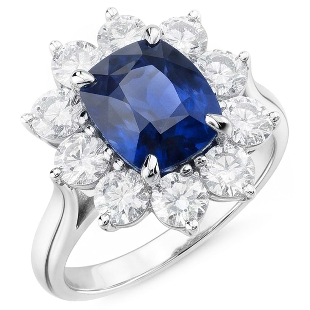 Anello Anniversario con Zaffiro Taglio Cuscino Con Diamanti 3.50 Ct Bianco