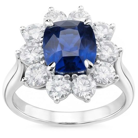 Anello Anniversario con Zaffiro Taglio Cuscino Con Diamanti 3.50 Ct Bianco