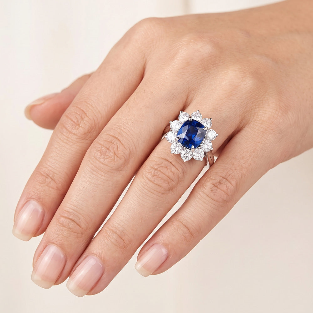Anello Anniversario con Zaffiro Taglio Cuscino Con Diamanti 3.50 Ct Bianco