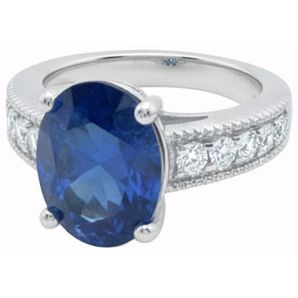 Anello Anniversario con Zaffiro di Ceylon E Diamanti Naturali Autentici ( non creati in laboratorio ) 2 Carati Oro Bianco 14K