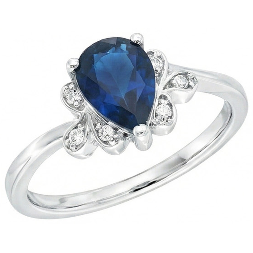 Anello Anniversario con Zaffiro di Ceylon Taglio Pera da 2,30 Carati e Diamanti Naturali Autentici ( non creati in laboratorio ) in Oro Bianco 14K